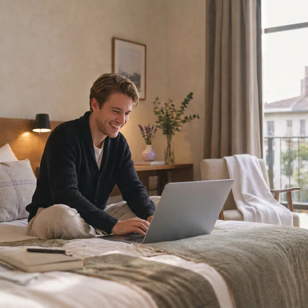 Huésped en la habitación del hotel, sonriendo frente a su portátil