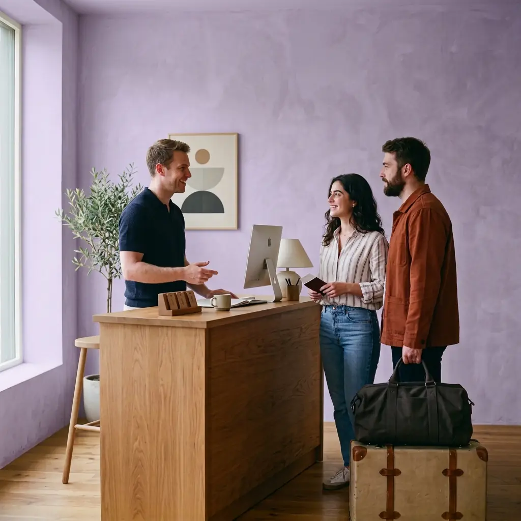 Recepcionista de un hotel pequeño atendiendo a una pareja que llega con su equipaje