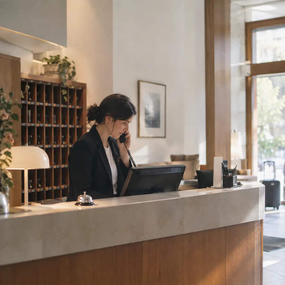 Recepcionista de hotel al teléfono en el mostrador