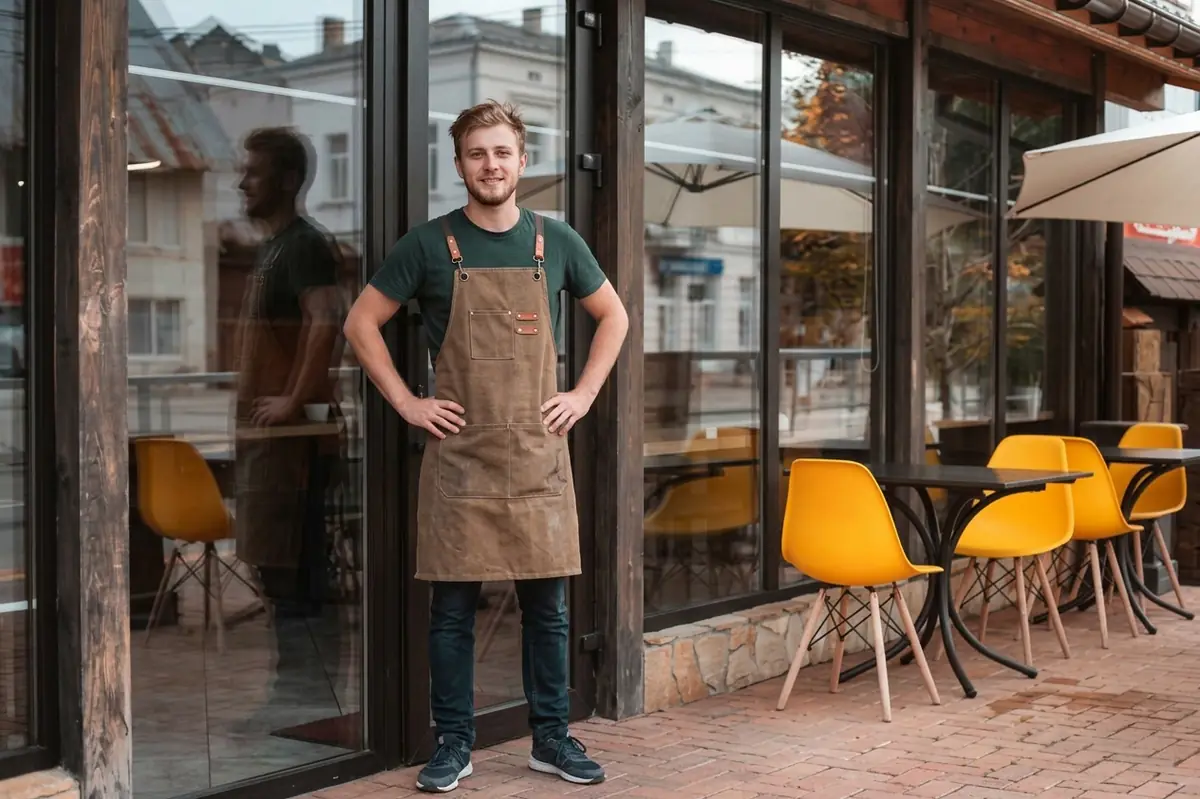 Dueño de un restaurante con delantal, de pie en la puerta junto a la terraza