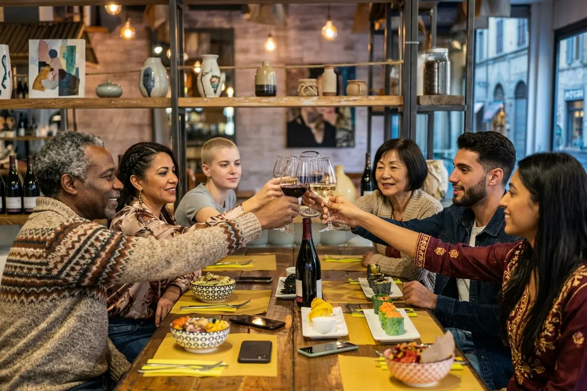 Un grupo de amigos brindando en la mesa de un restaurante