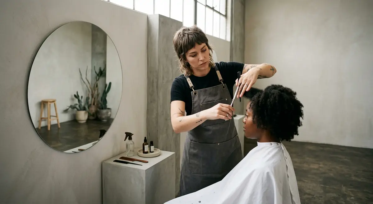 Peluquera cortando el pelo a una clienta junto a un espejo redondo