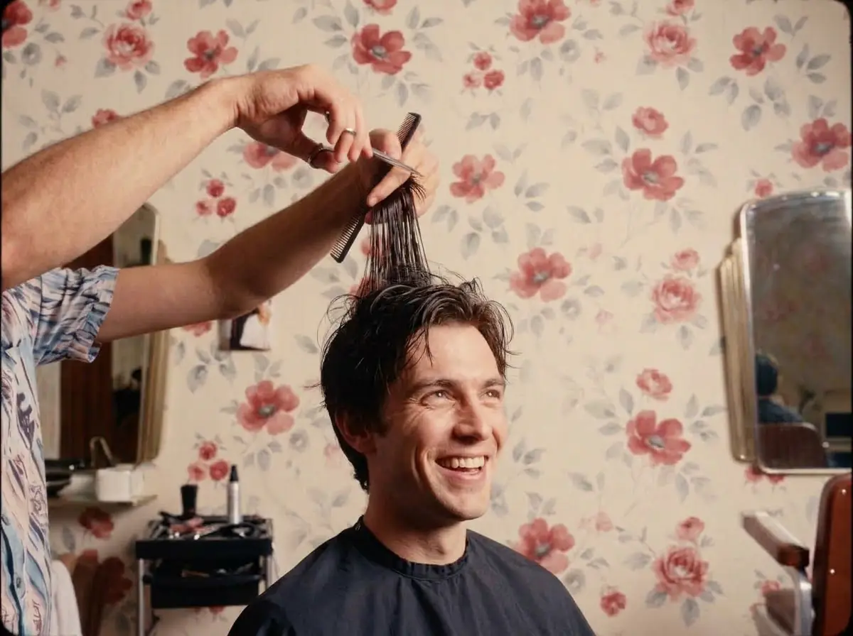 Peluquero cortando el pelo a un cliente sonriente