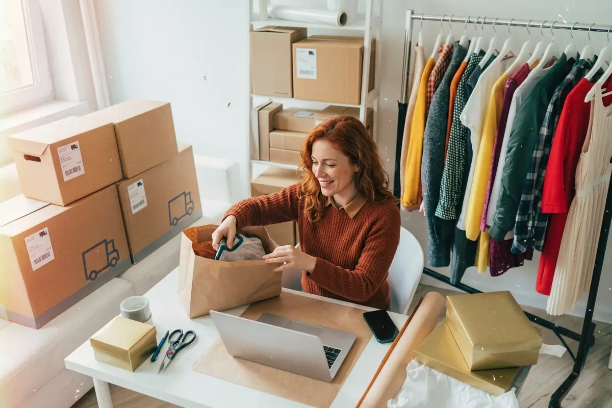 Dependienta de una tienda online preparando un pedido entre cajas