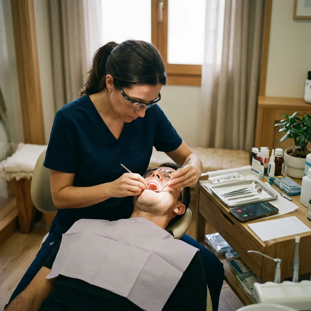 Dentista atendiendo a un paciente mientras el móvil de la clínica suena sobre la mesa