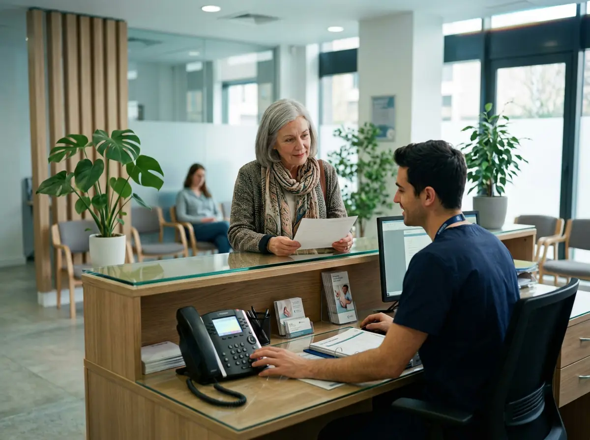 Recepción de una clínica, una paciente entrega un papel mientras el recepcionista tiene la mano en el teléfono