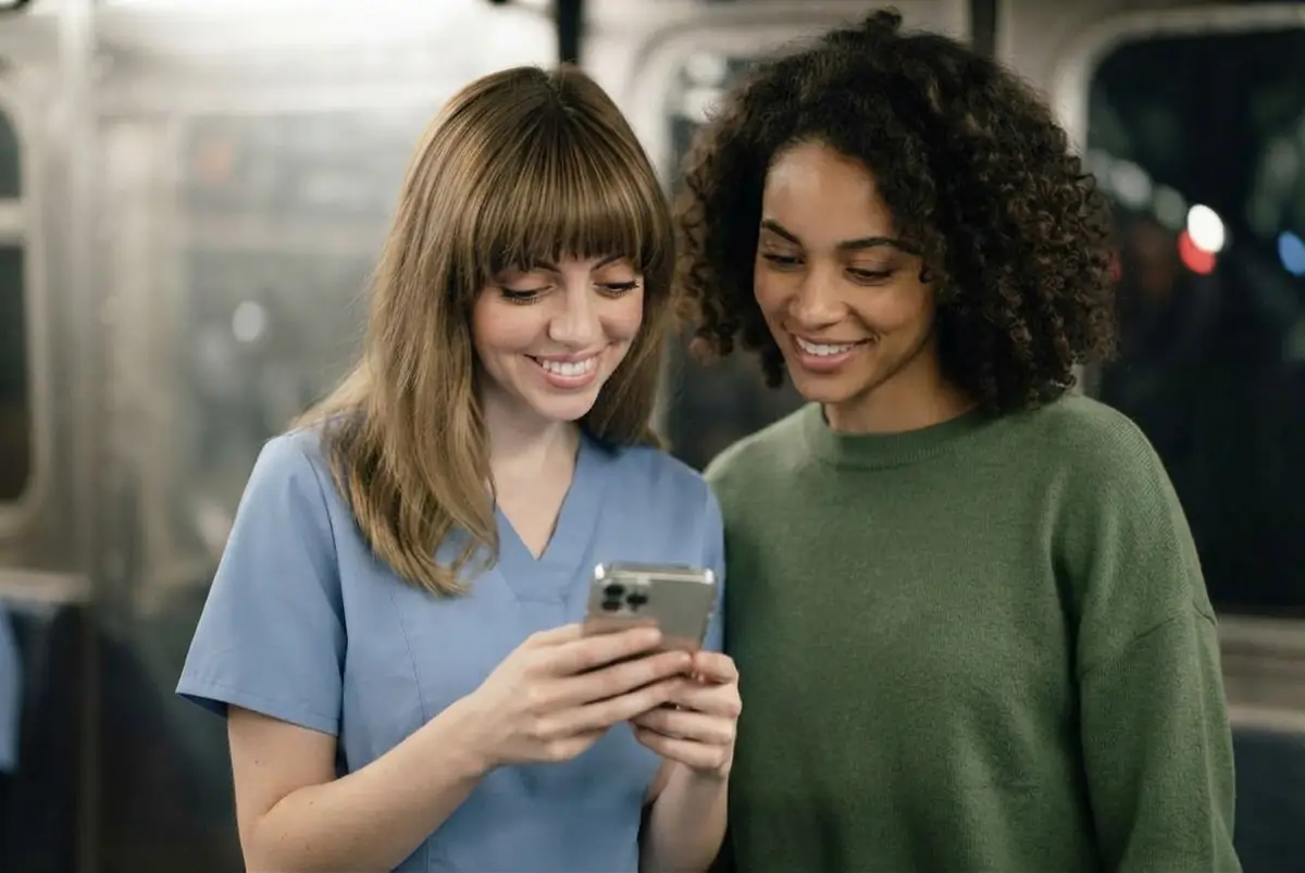 Dos amigas, una con uniforme sanitario, mirando juntas el móvil