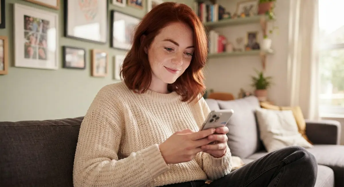 Socia sonriendo mientras mira el móvil en el sofá de su casa